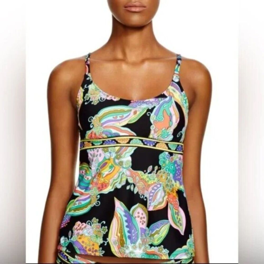 Trina Turk Black Multi-Color Paisley Tankini Swim Top